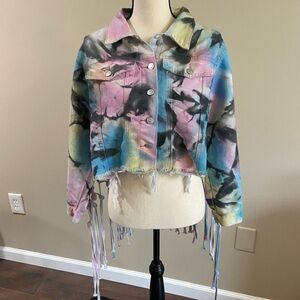 Vintage Thrill Jeans Festival Tie Dye Denim Jacket w Macramé Tassel Back Size M